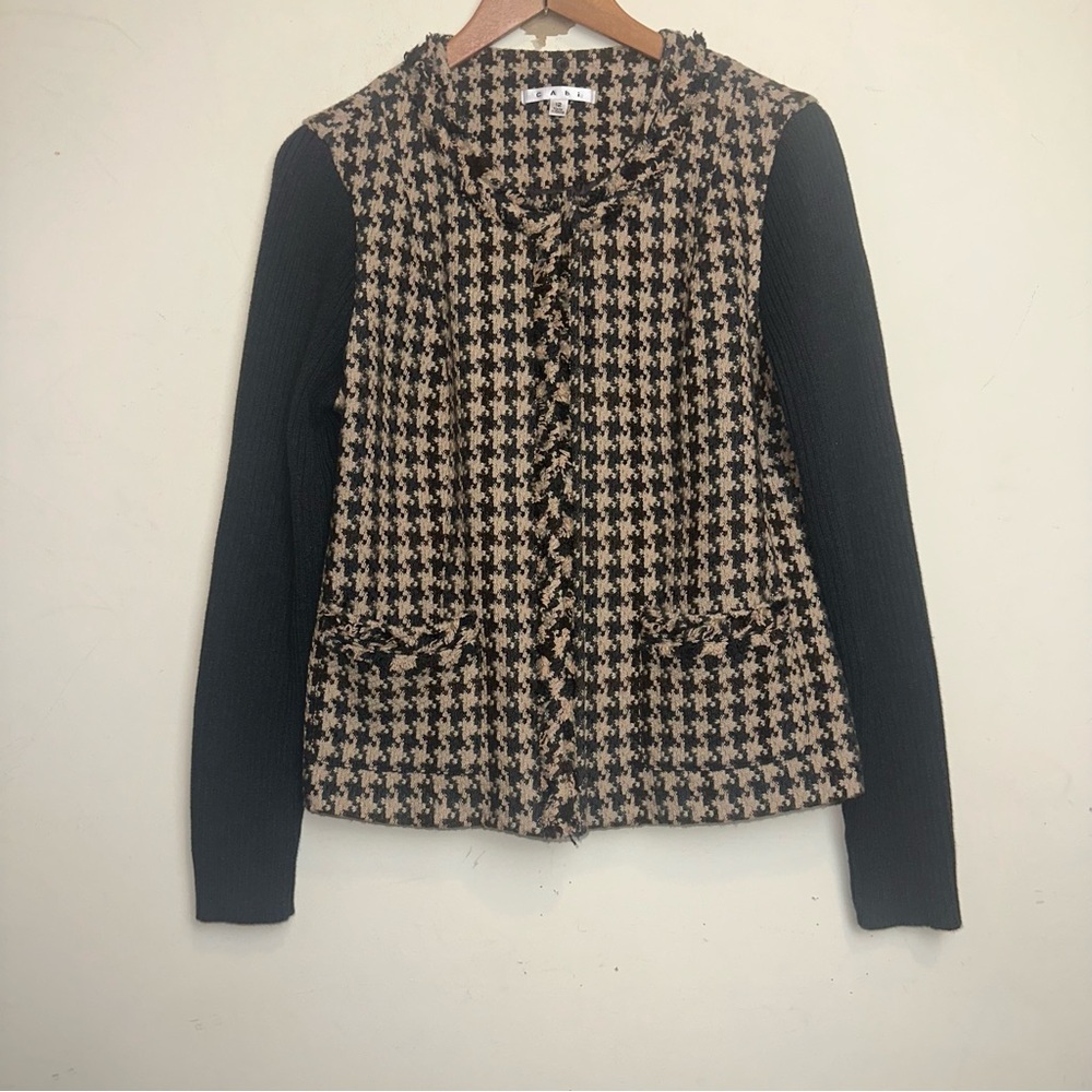 CABI Womens 12 Tweed Cardigan Houndstooth Knit Sweater Jacket Fill Zip Mature